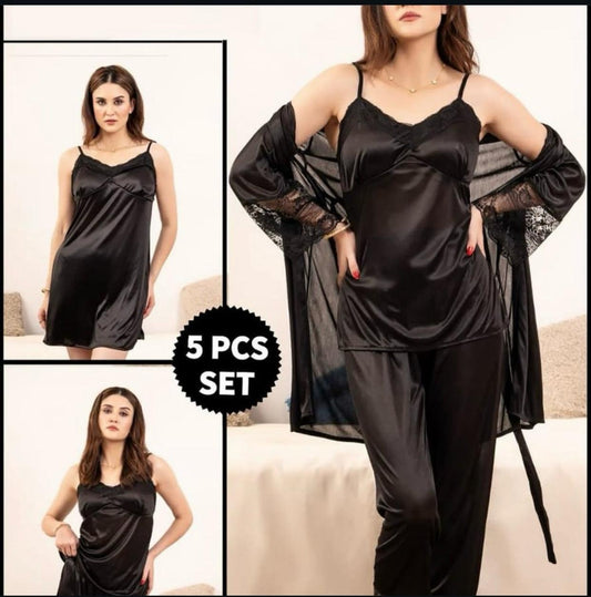 5-Piece Bridal Silk Long Slit Nighty set...
